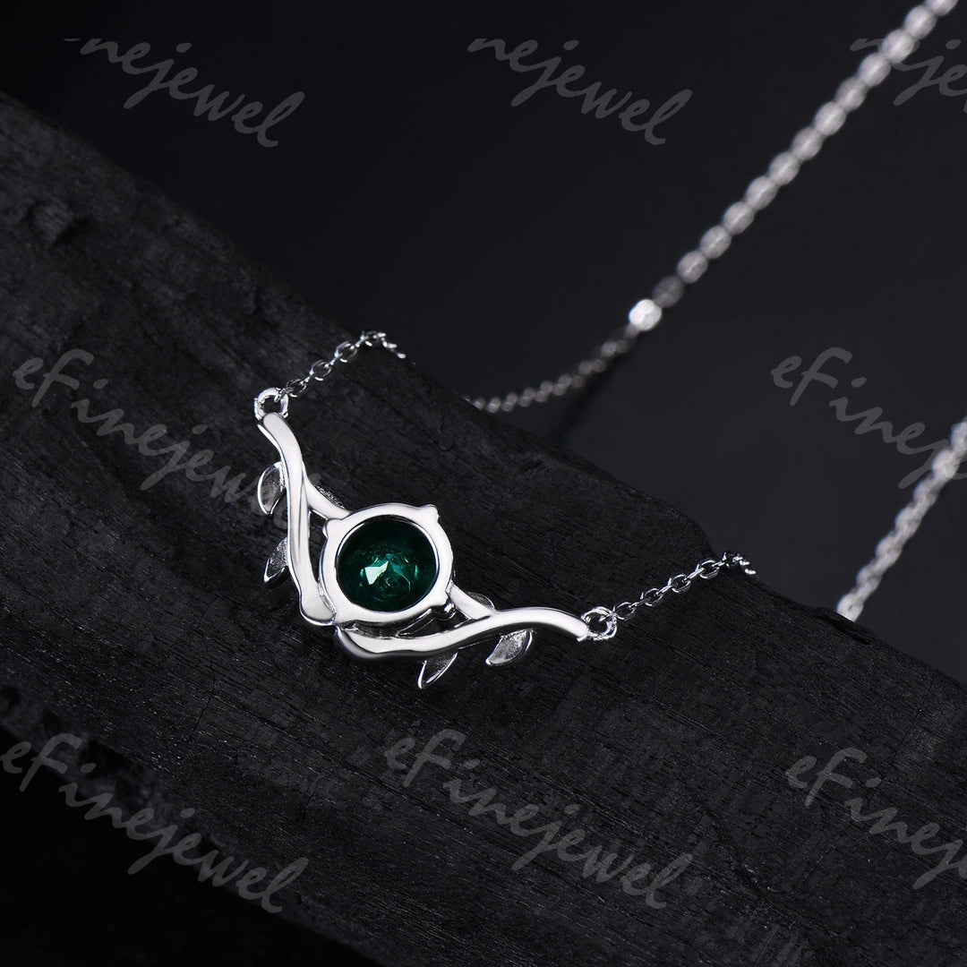 Lab Emerald Pendant Necklace, Leaf Vine, May Birthstone