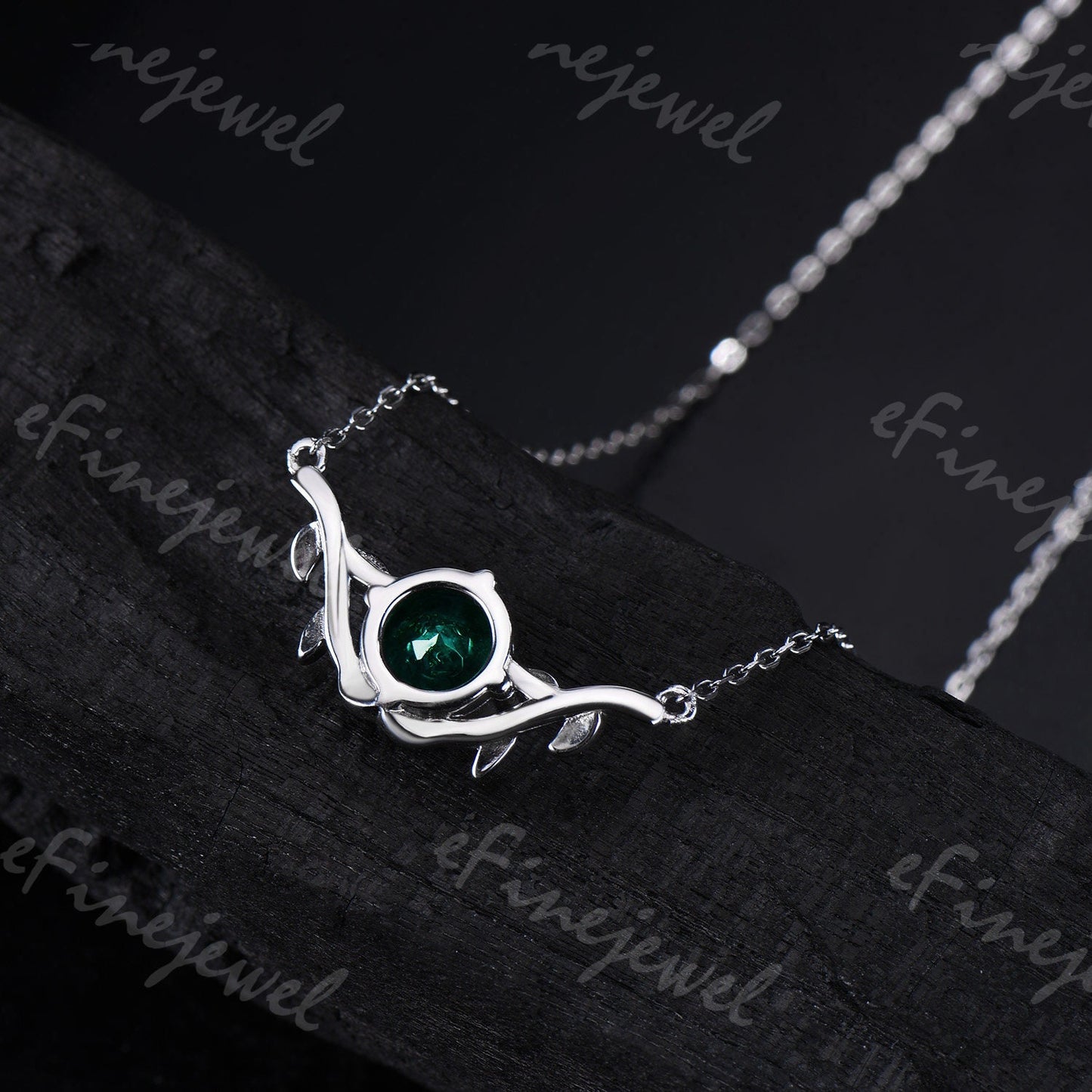 Lab Emerald Pendant Necklace, Leaf Vine, May Birthstone