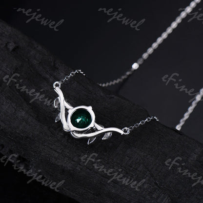 Lab Emerald Pendant Necklace, Leaf Vine, May Birthstone