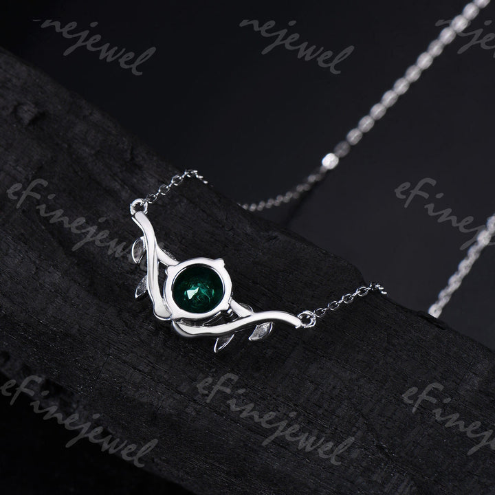 Lab Emerald Pendant Necklace, Leaf Vine, May Birthstone