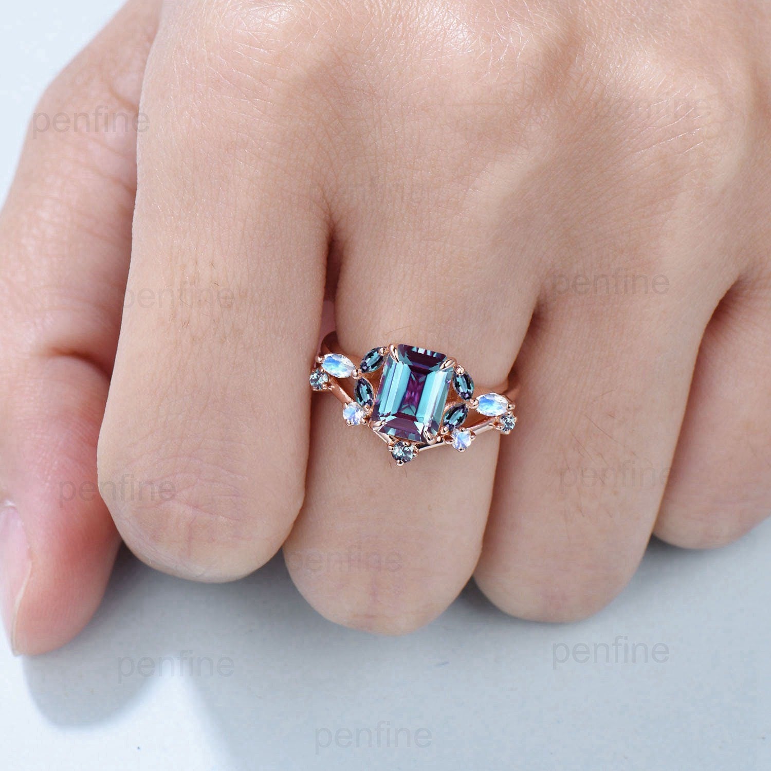 Vintage Emerald Cut Alexandrite Ring Set Marquise Moonstone Alexandrite Engagement Ring Set Rose Gold June Birthstone Wedding Set For Women - PENFINE