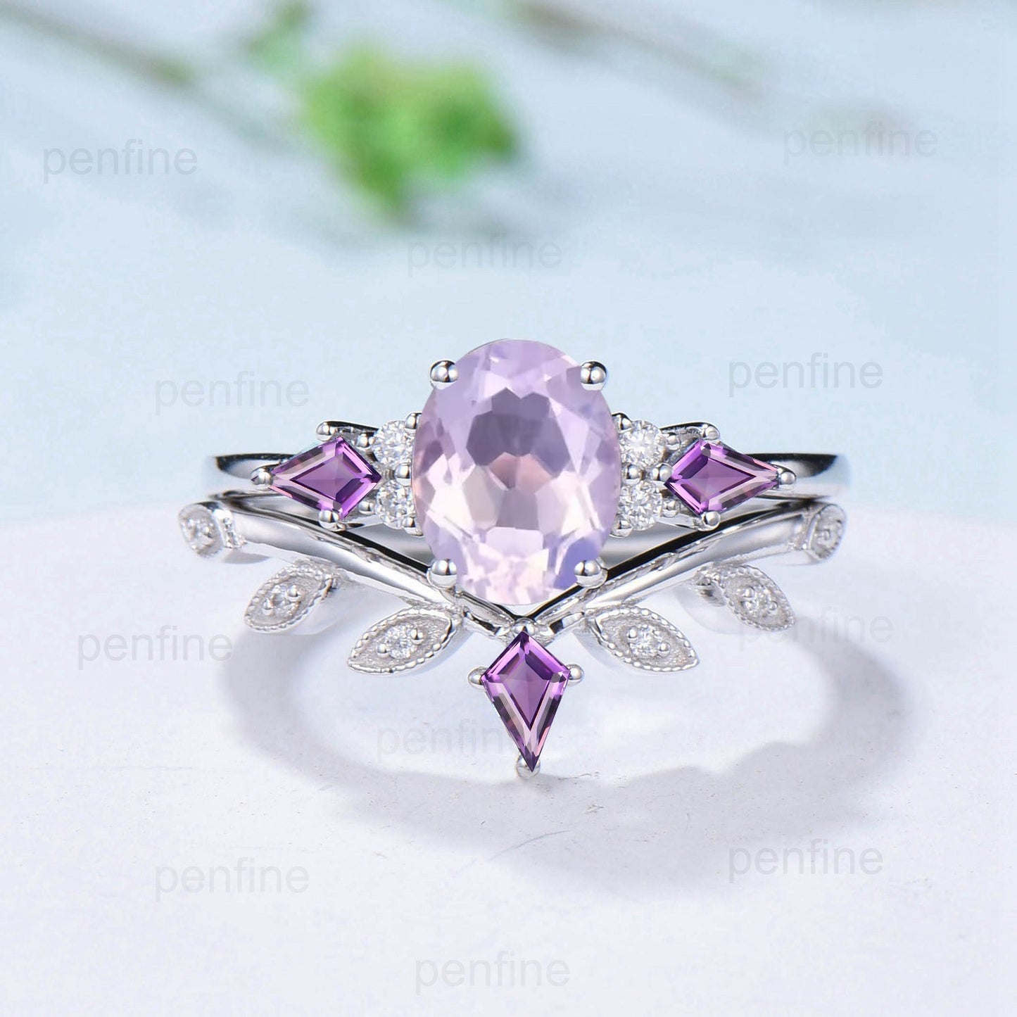 Vintage Lavender Amethyst Ring Set Unique Cluster Kite Moss Agate  Purple Crystal Engagement Ring Unique Leaf Bridal Set February Birthstone - PENFINE