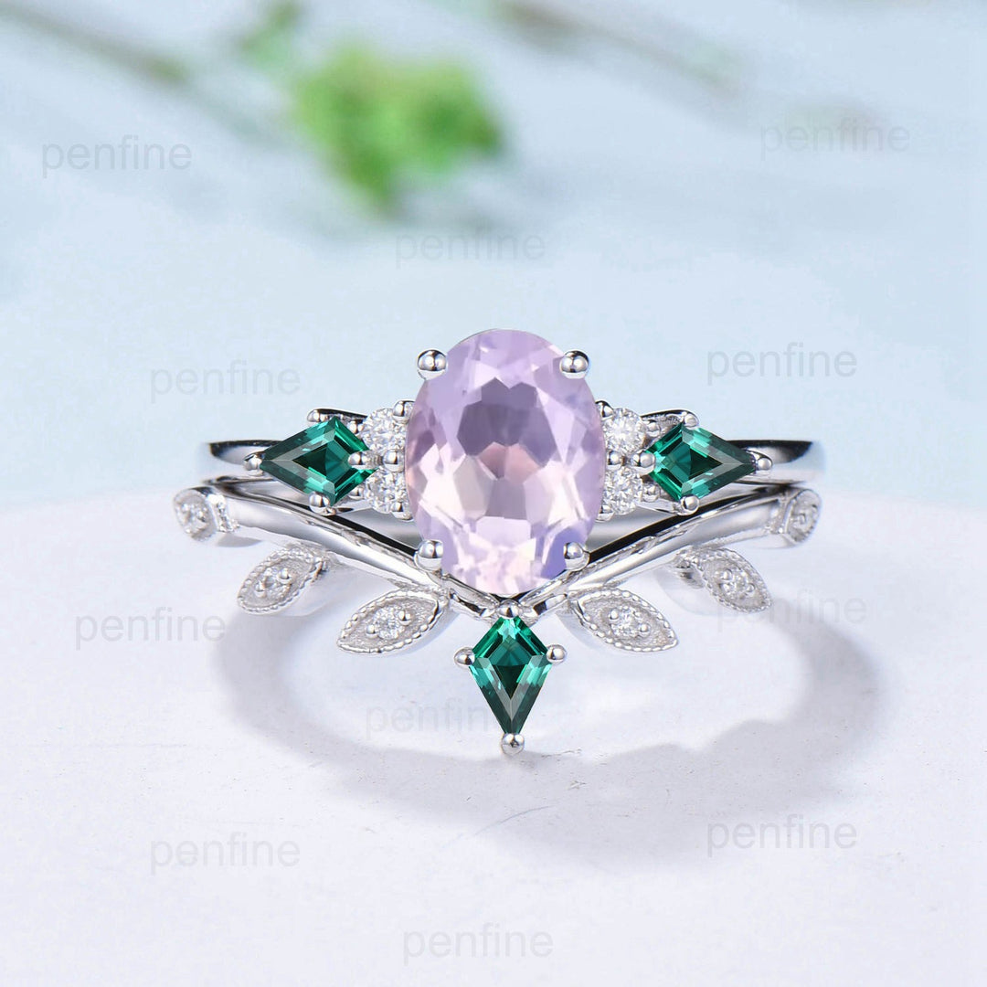 Vintage Lavender Amethyst Ring Set Unique Cluster Kite Moss Agate  Purple Crystal Engagement Ring Unique Leaf Bridal Set February Birthstone - PENFINE