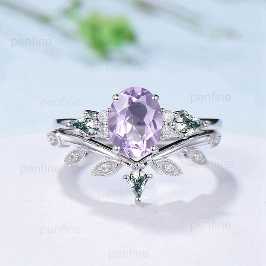Vintage Lavender Amethyst Ring Set Unique Cluster Kite Moss Agate Purple Crystal Engagement Ring Unique Leaf Bridal Set February Birthstone - PENFINE