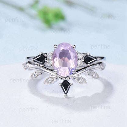 Vintage Lavender Amethyst Ring Set Unique Cluster Kite Moss Agate  Purple Crystal Engagement Ring Unique Leaf Bridal Set February Birthstone - PENFINE