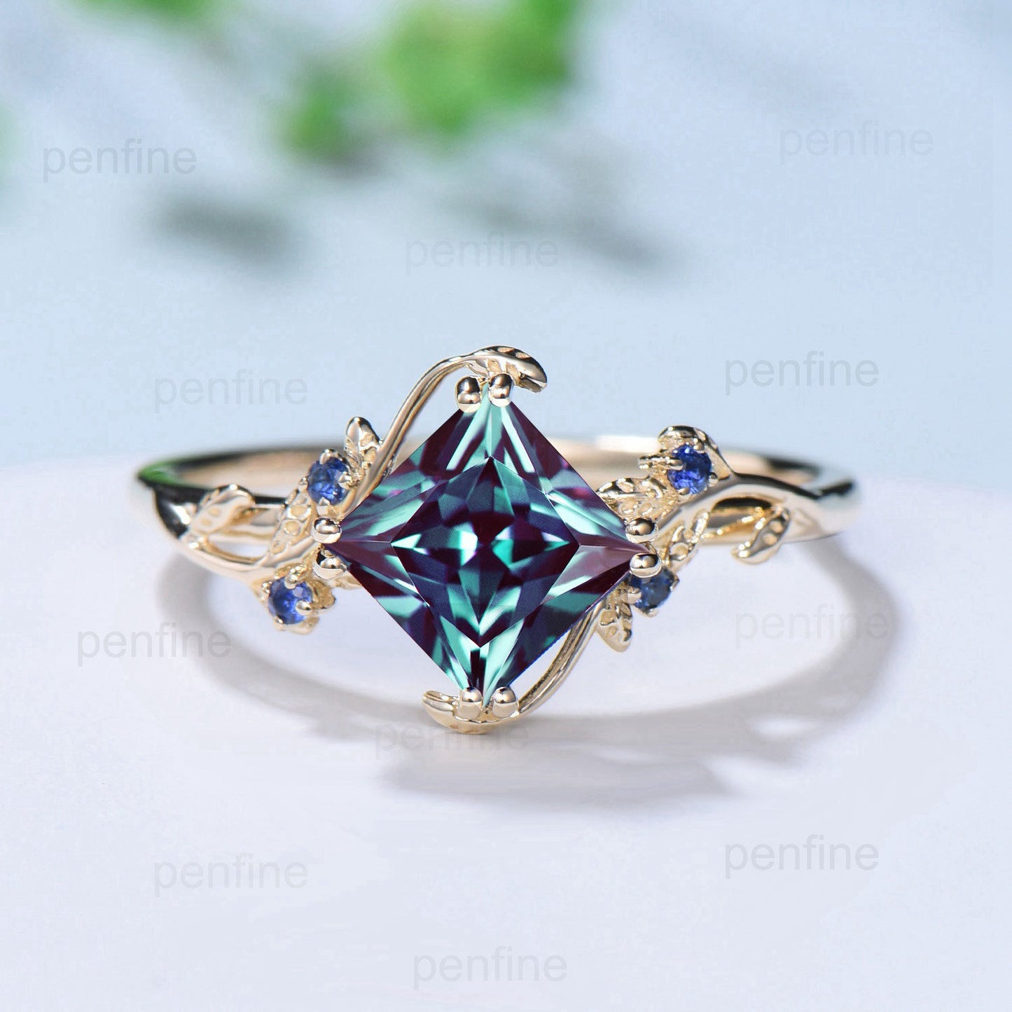Nature Inspired Princess Cut Alexandrite  Engagement Ring Vintage Leaf Branch Color Change Stone Ring Twig Vine Wedding Ring Proposal Gifts - PENFINE