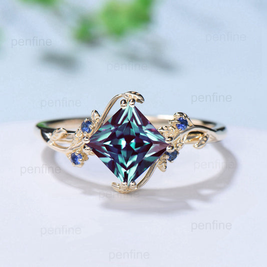 Nature Inspired Princess Cut Alexandrite Engagement Ring Vintage Leaf Branch Color Change Stone Ring Twig Vine Wedding Ring Proposal Gifts - PENFINE