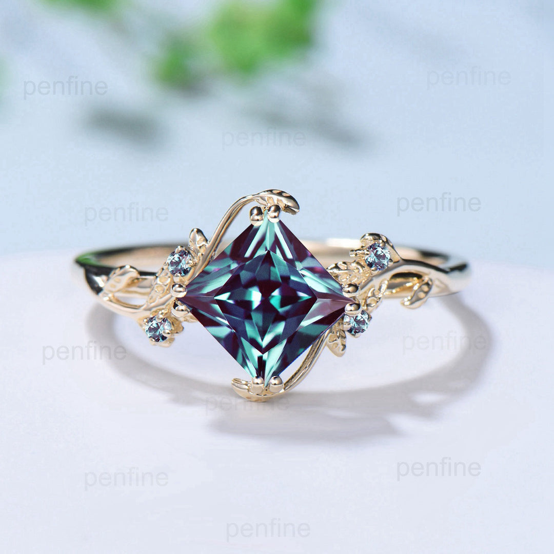 Nature Inspired Princess Cut Alexandrite  Engagement Ring Vintage Leaf Branch Color Change Stone Ring Twig Vine Wedding Ring Proposal Gifts - PENFINE