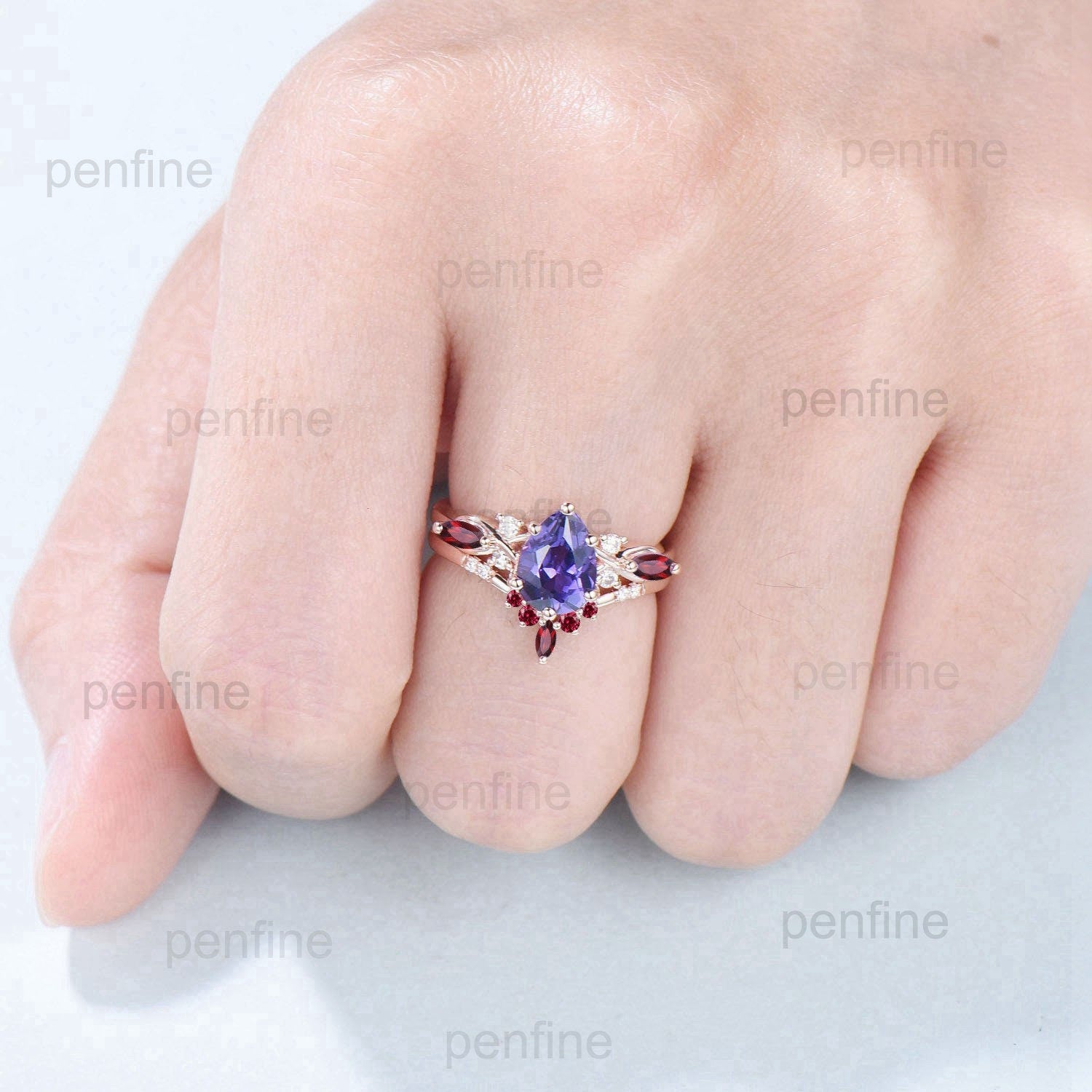 1.25CT Pear Shaped Purple Sapphire Wedding Ring Set Teardrop Sapphire Ruby Engagement Ring Set Unique Rose Gold Purple Crystal Bridal Set - PENFINE