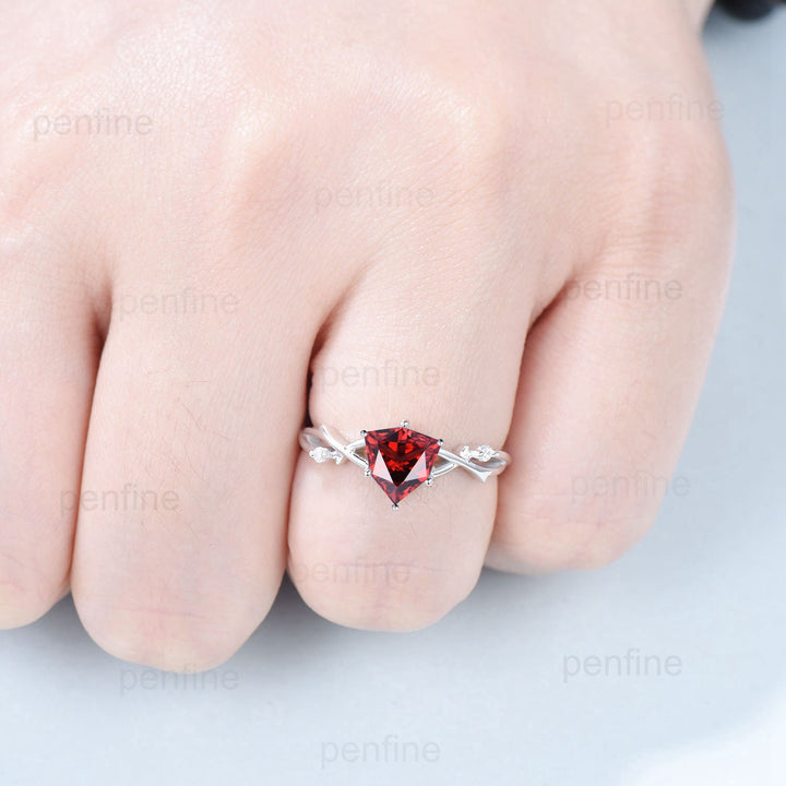 8mm Shield cut garnet engagement ring Leaf Branch infinity Engagement Ring Art Deco Wedding Ring Unique Twig Vine January Birthstone Ring - PENFINE