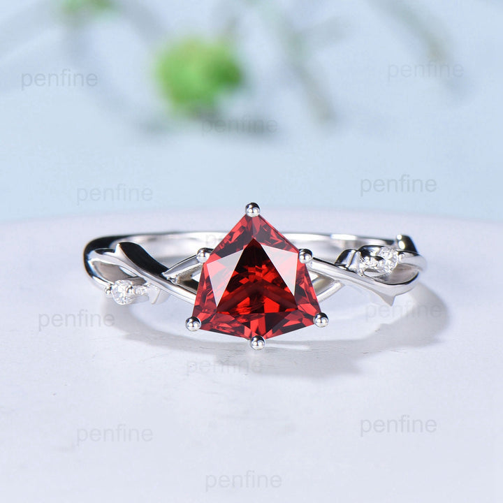 8mm Shield cut garnet engagement ring Leaf Branch infinity Engagement Ring Art Deco Wedding Ring Unique Twig Vine January Birthstone Ring - PENFINE