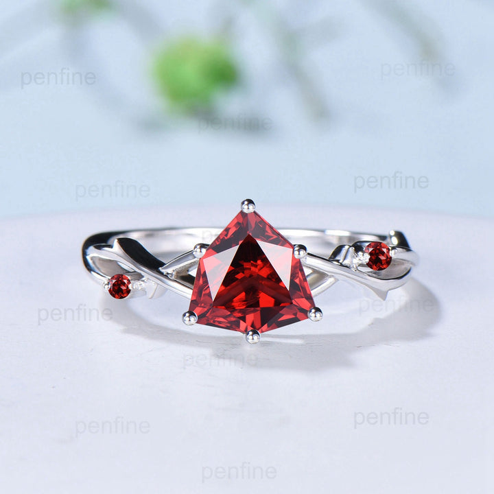 8mm Shield cut garnet engagement ring Leaf Branch infinity Engagement Ring Art Deco Wedding Ring Unique Twig Vine January Birthstone Ring - PENFINE