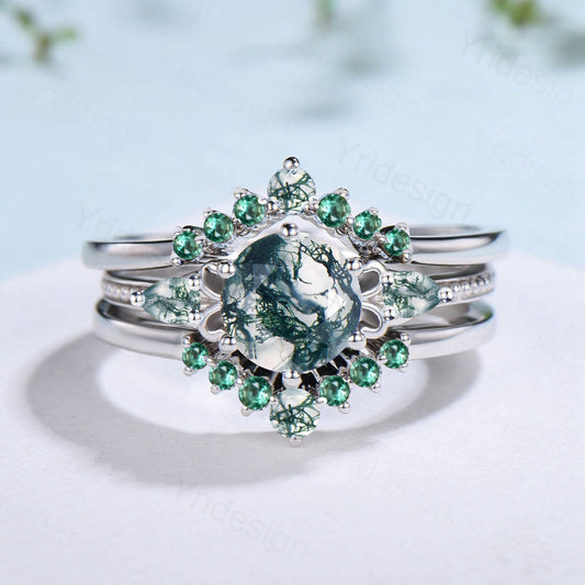 7mm Round Vintage Moss Agate Engagement Ring Set Three Stone Pear Green Agate Wedding Set Milgrain Elegant Emerald Bridal Ring Set For Women - PENFINE