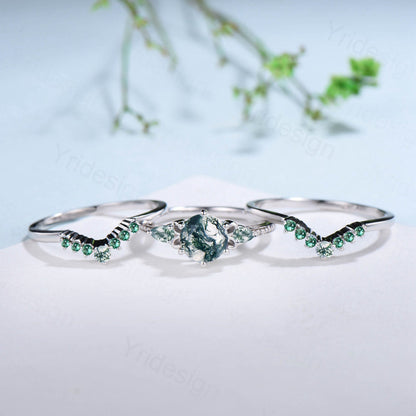 7mm Round Vintage Moss Agate Engagement Ring Set Three Stone Pear Green Agate Wedding Set Milgrain Elegant Emerald Bridal Ring Set For Women - PENFINE