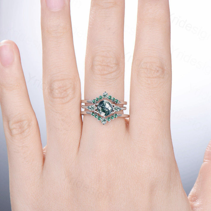 7mm Round Vintage Moss Agate Engagement Ring Set Three Stone Pear Green Agate Wedding Set Milgrain Elegant Emerald Bridal Ring Set For Women - PENFINE