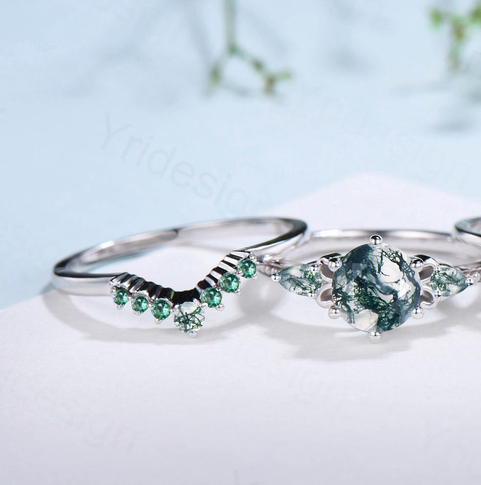 7mm Round Vintage Moss Agate Engagement Ring Set Three Stone Pear Green Agate Wedding Set Milgrain Elegant Emerald Bridal Ring Set For Women - PENFINE