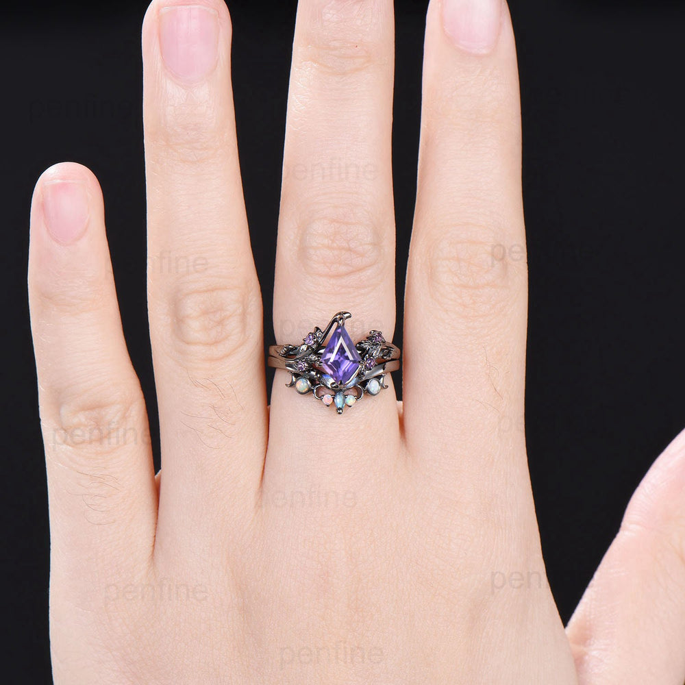 Nature Inspired kite purple sapphire engagement ring set twig vine amethyst wedding ring set Vintage marquise moonstone opal stacking ring - PENFINE