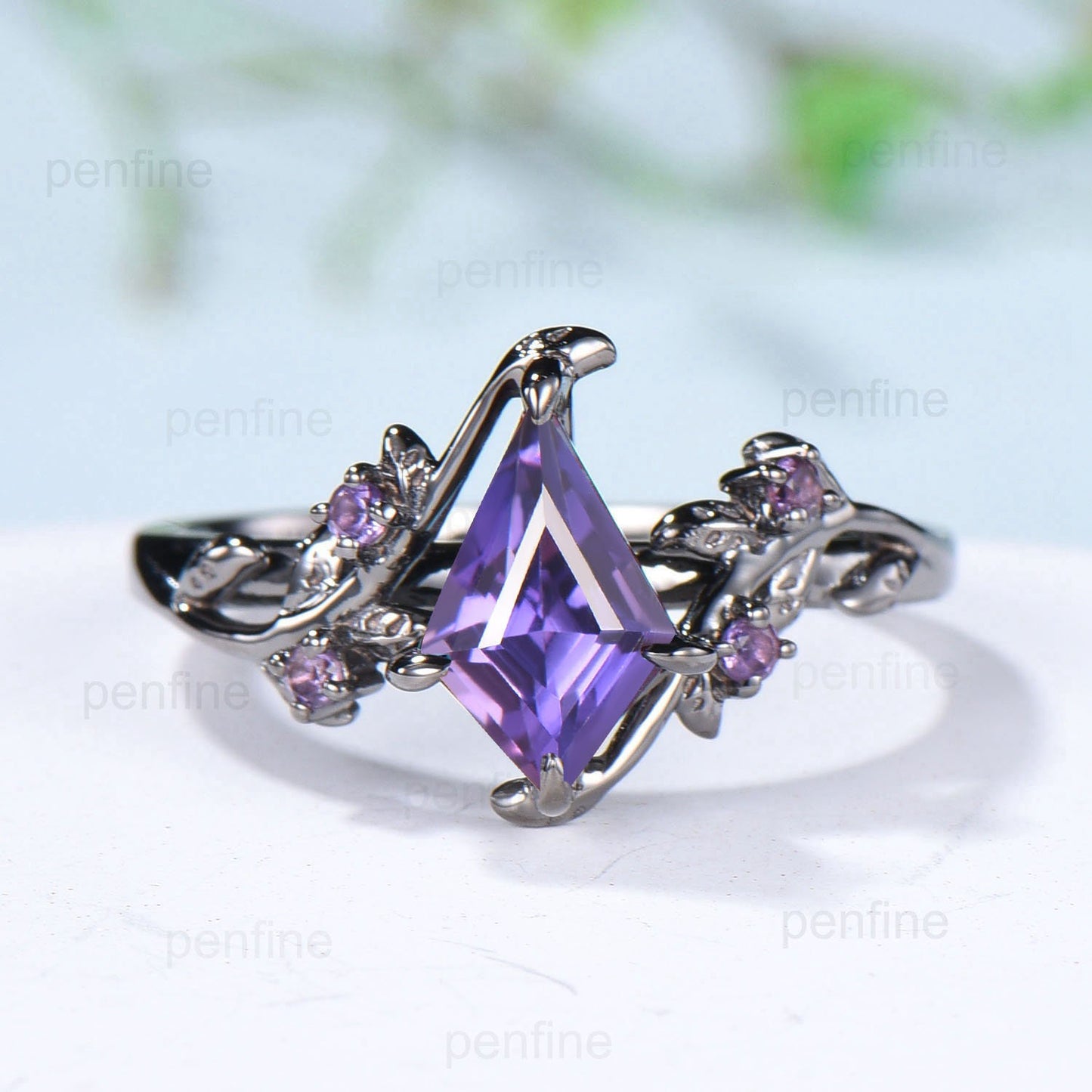 Nature Inspired kite purple sapphire engagement ring set twig vine amethyst wedding ring set Vintage marquise moonstone opal stacking ring - PENFINE