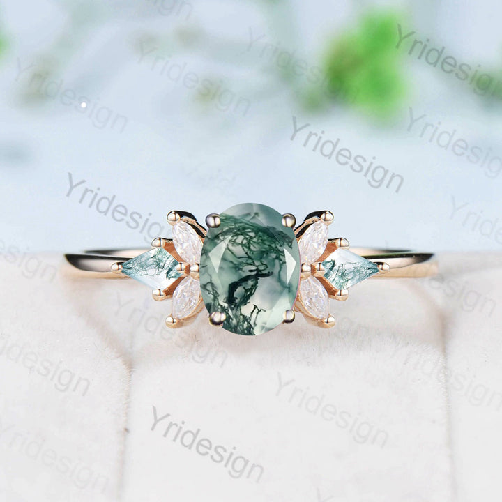 Oval Moss agate engagement ring vintage unique Cluster yellow gold engagement ring women kite moissanite wedding Bridal art deco Anniversary - PENFINE