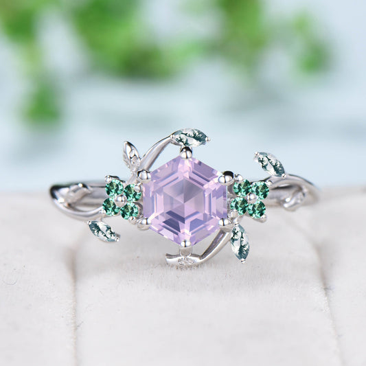 Elegant Hexagon Lavender Amethyst Ring Vintage Unique Twig Engagement Ring Marquise Moss Agate Wedding Ring Natural inspired Emerald Ring - PENFINE