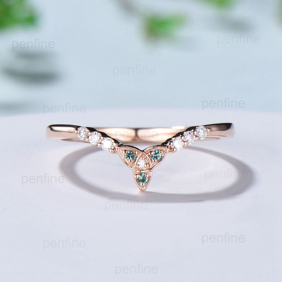 Emerald Moissanite Rose Gold Wedding Band, Vintage Stacking Ring - PENFINE