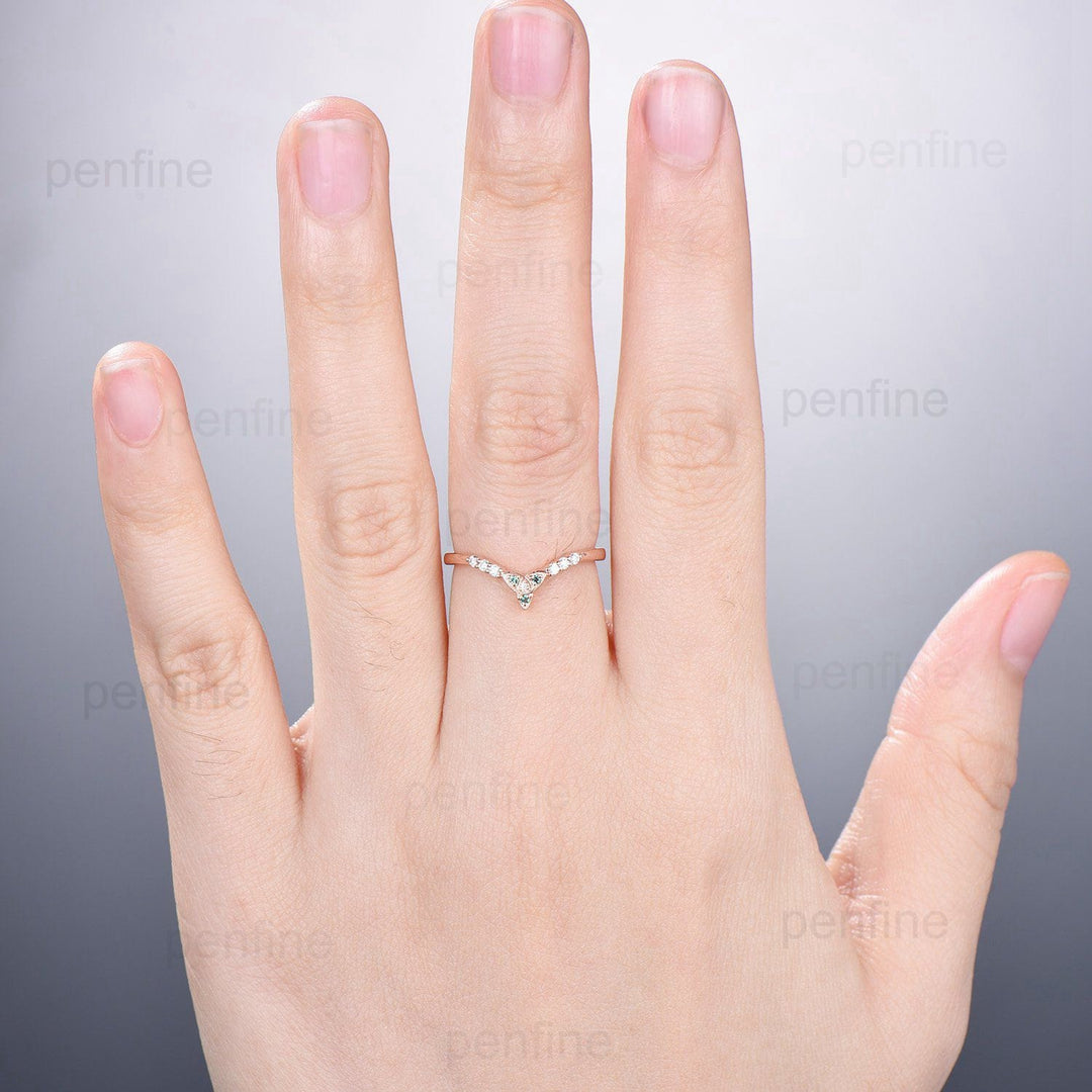 Emerald Moissanite Rose Gold Wedding Band, Vintage Stacking Ring - PENFINE