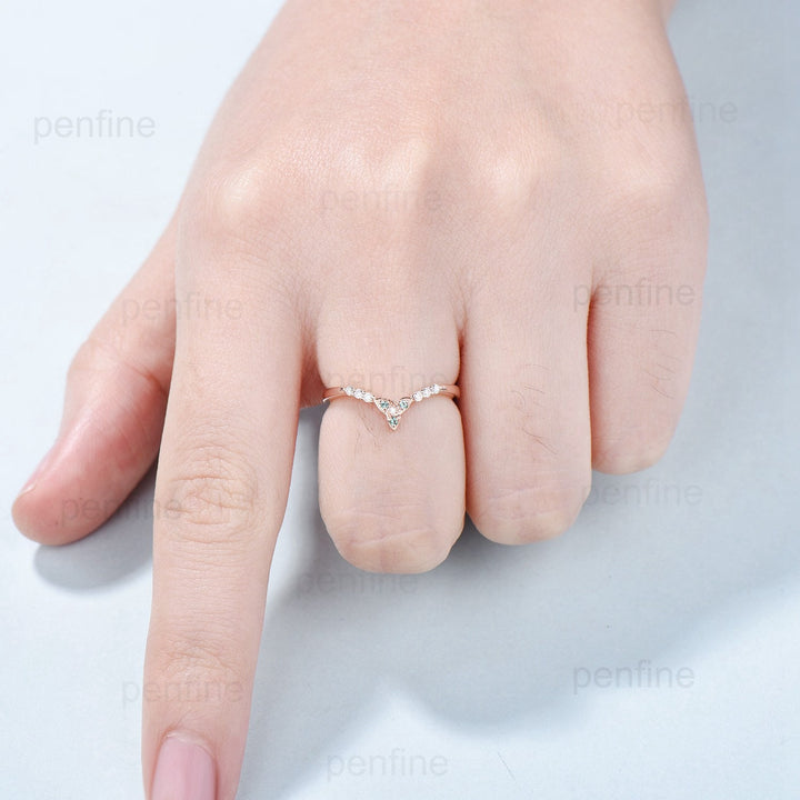 Emerald Moissanite Rose Gold Wedding Band, Vintage Stacking Ring - PENFINE