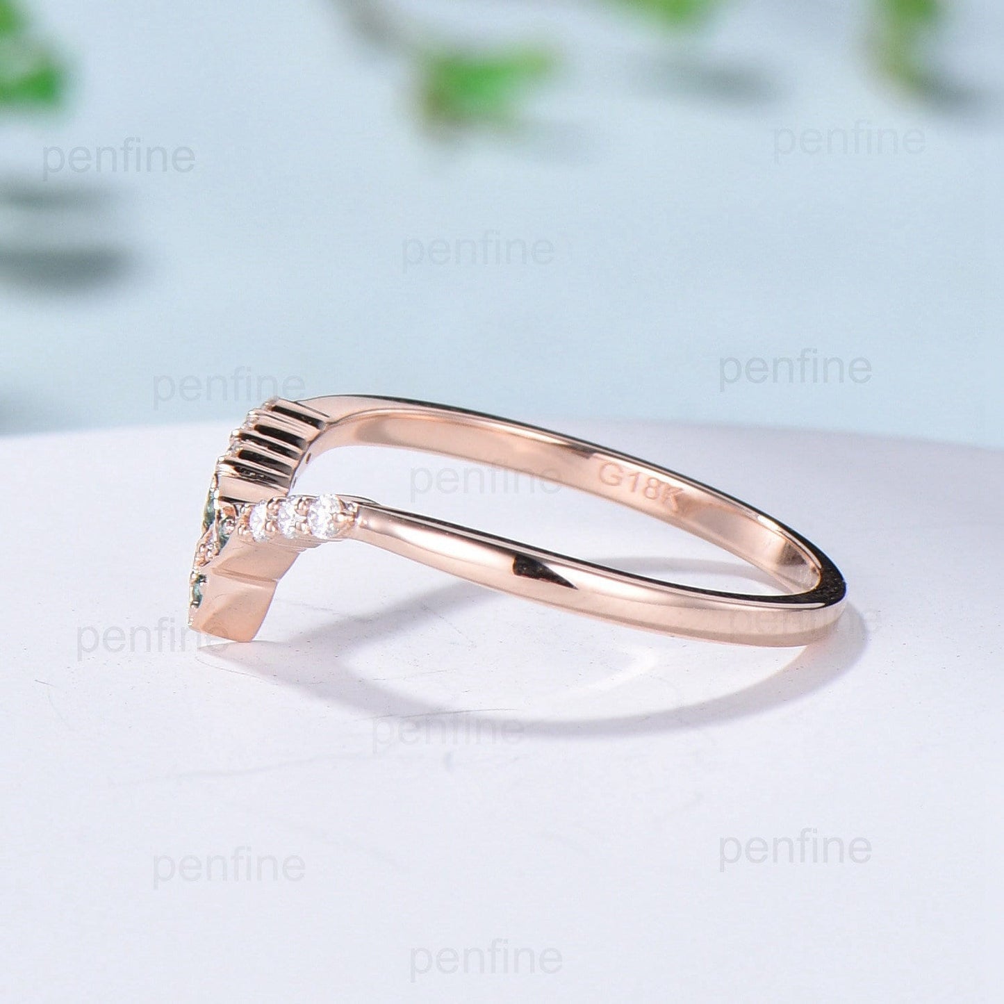 Emerald Moissanite Rose Gold Wedding Band, Vintage Stacking Ring - PENFINE
