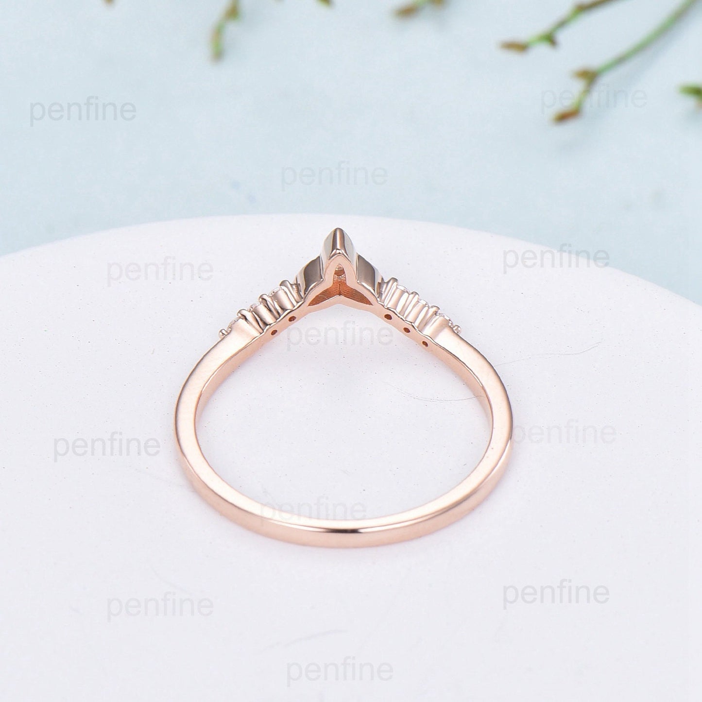 Emerald Moissanite Rose Gold Wedding Band, Vintage Stacking Ring - PENFINE