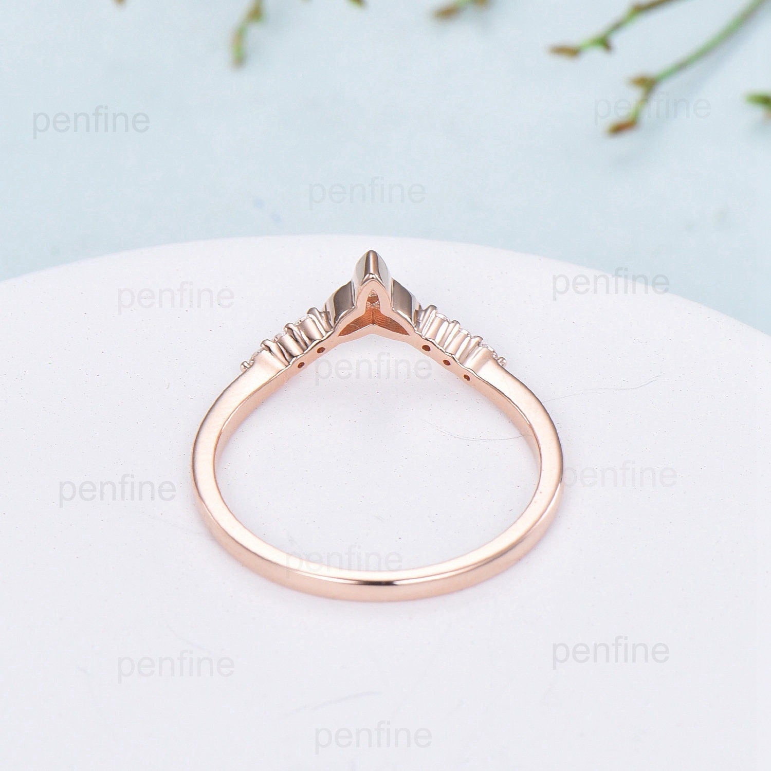 Emerald Moissanite Rose Gold Wedding Band, Vintage Stacking Ring - PENFINE