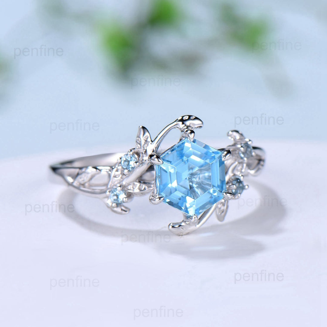 Twig Vine Swiss Blue Topaz Ring Vintage Hexagon cut Leaf light blue topaz engagement ring branch Natural Inspired November birthstone ring - PENFINE