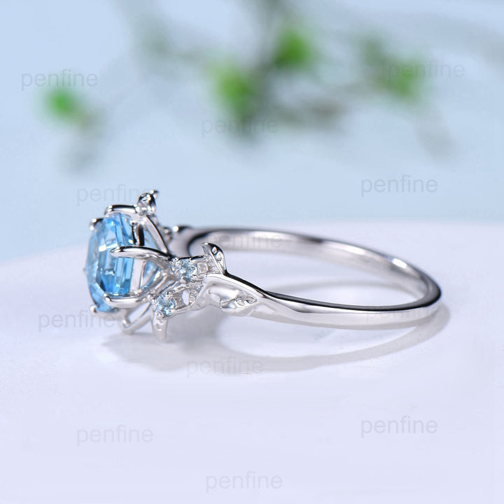 Twig Vine Swiss Blue Topaz Ring Vintage Hexagon cut Leaf light blue topaz engagement ring branch Natural Inspired November birthstone ring - PENFINE