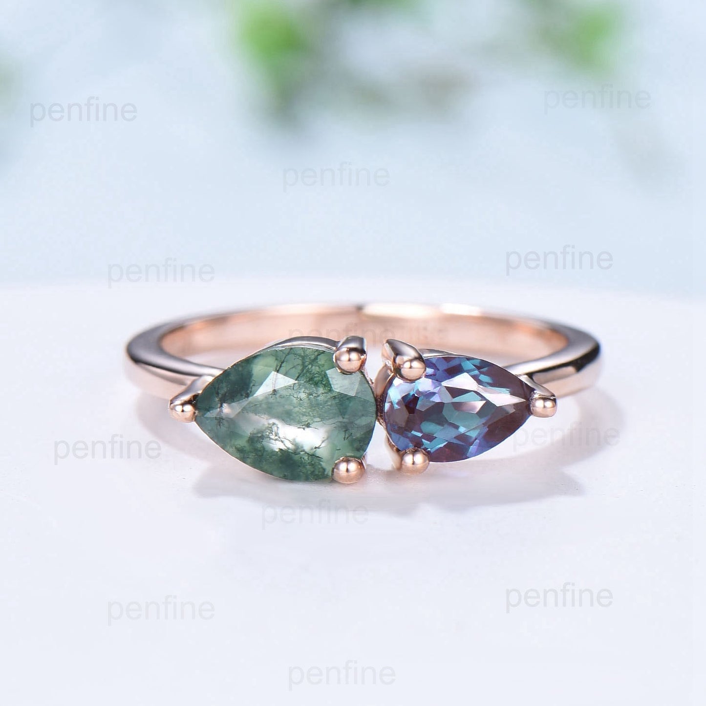 Solitaire 5x7mm pear moss agate engagement ring Simple 4x6mm teardrop alexandrite wedding ring for women  dainty anniversary for girl - PENFINE