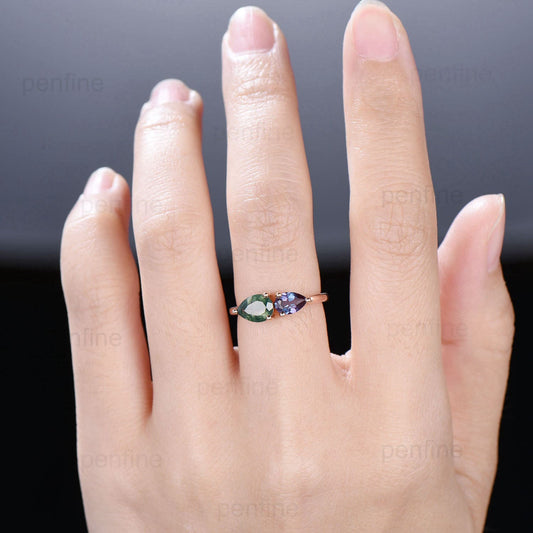 Solitaire 5x7mm pear moss agate engagement ring Simple 4x6mm teardrop alexandrite wedding ring for women dainty anniversary for girl - PENFINE