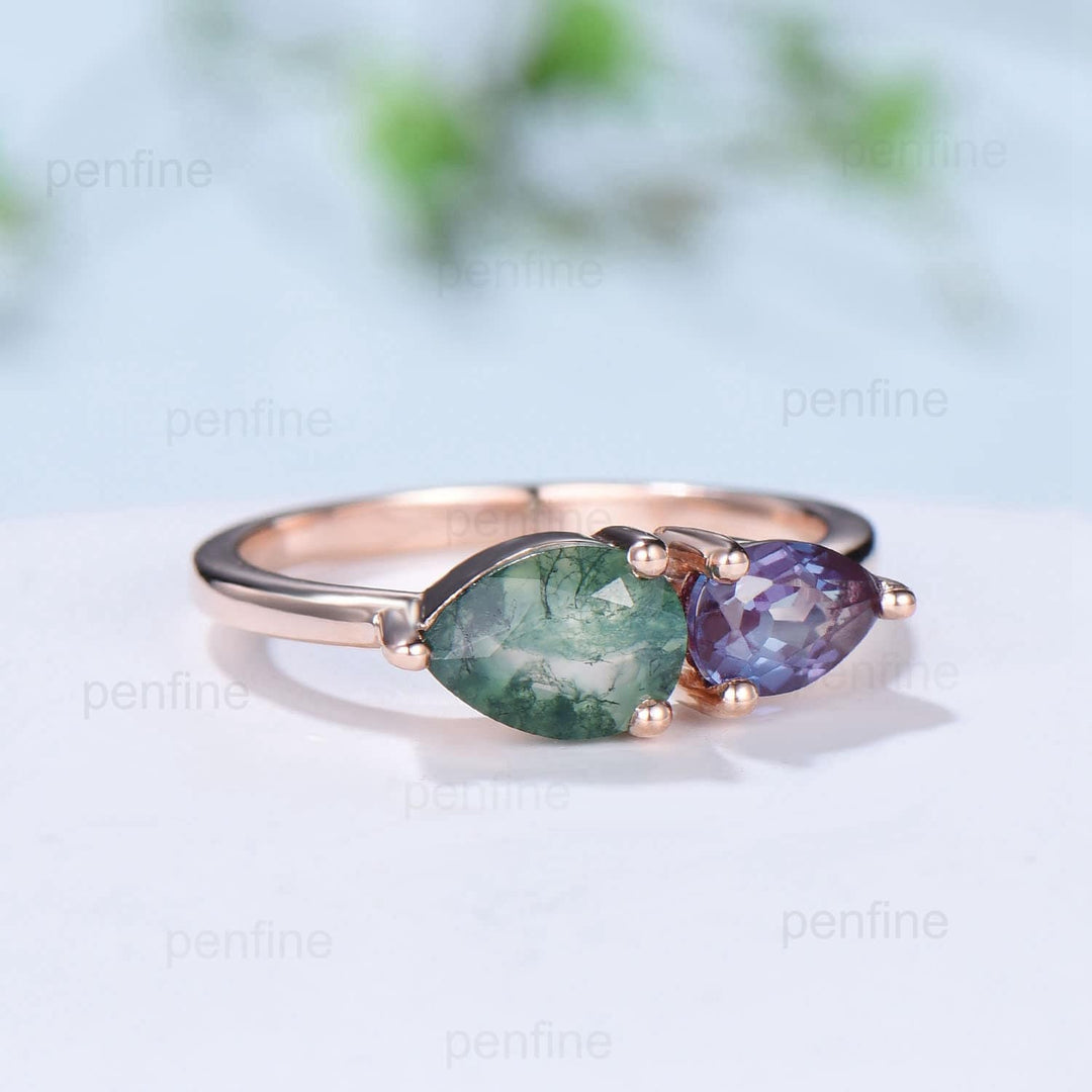 Solitaire 5x7mm pear moss agate engagement ring Simple 4x6mm teardrop alexandrite wedding ring for women  dainty anniversary for girl - PENFINE