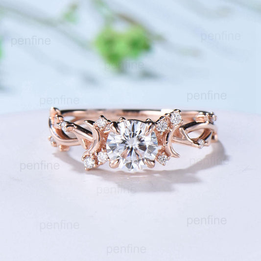 Round Brilliant Moissanite ring Leaf Branch Rose Gold Moissanite Engagement Ring Nature Inspired Moon Wedding Ring Unique Twig Promise Ring - PENFINE