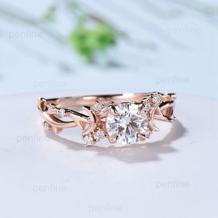 Round Brilliant Moissanite ring Leaf Branch Rose Gold Moissanite Engagement Ring Nature Inspired Moon Wedding Ring Unique Twig Promise Ring - PENFINE