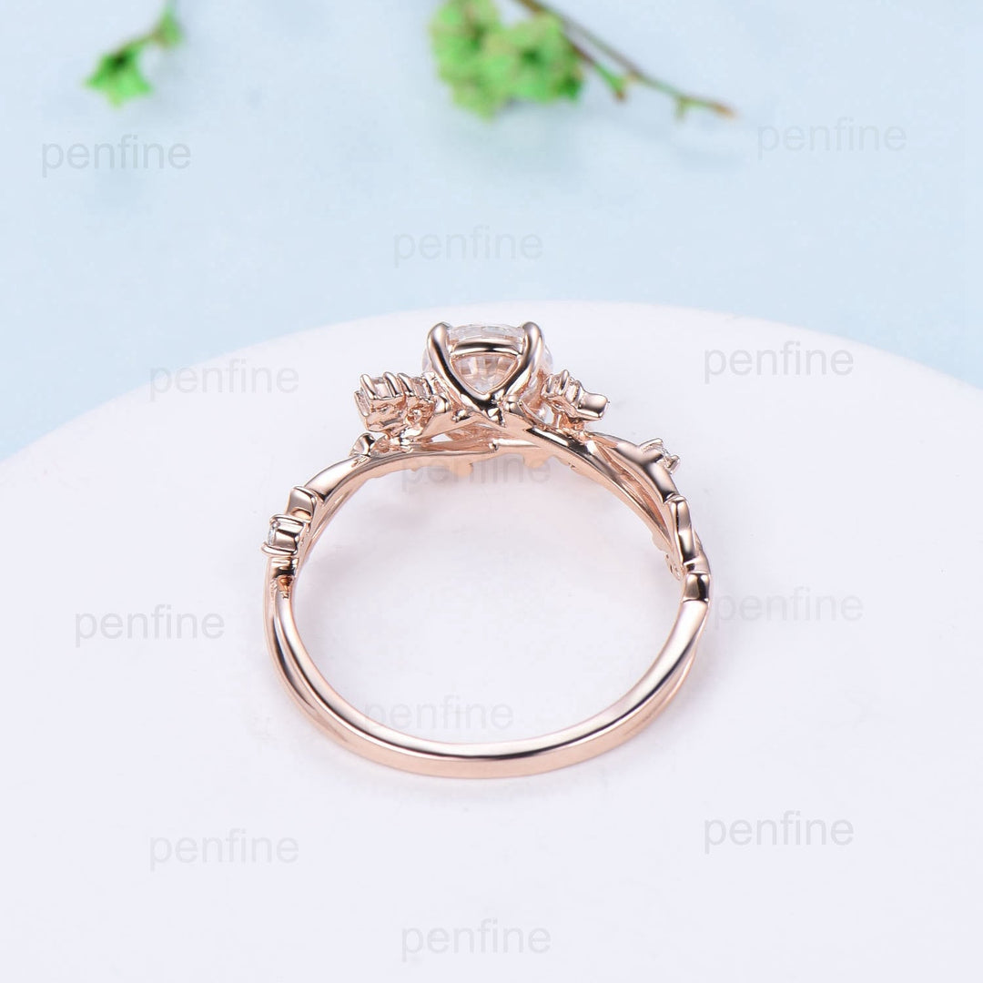 Round Brilliant Moissanite ring Leaf Branch Rose Gold Moissanite Engagement Ring Nature Inspired Moon Wedding Ring Unique Twig Promise Ring - PENFINE