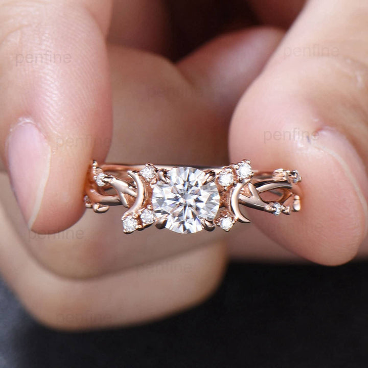 Round Brilliant Moissanite ring Leaf Branch Rose Gold Moissanite Engagement Ring Nature Inspired Moon Wedding Ring Unique Twig Promise Ring - PENFINE