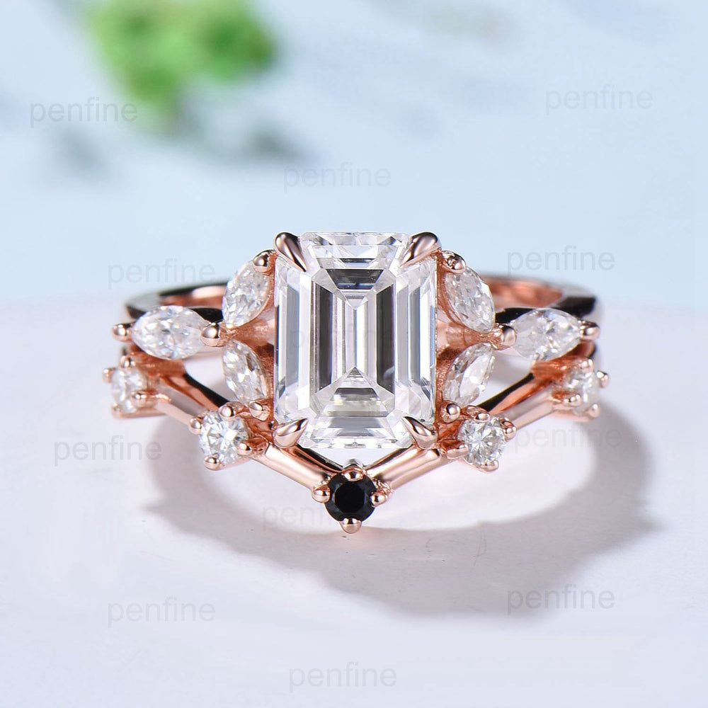 2 carat Emerald Cut Moissanite Engagement Ring Set Vintage 7 Stone Marquise Moissanite Wedding Ring Set Five Stone Cute Stacking Bridal Set - PENFINE