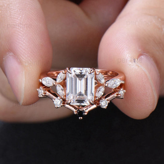 2 carat Emerald Cut Moissanite Engagement Ring Set Vintage 7 Stone Marquise Moissanite Wedding Ring Set Five Stone Cute Stacking Bridal Set - PENFINE