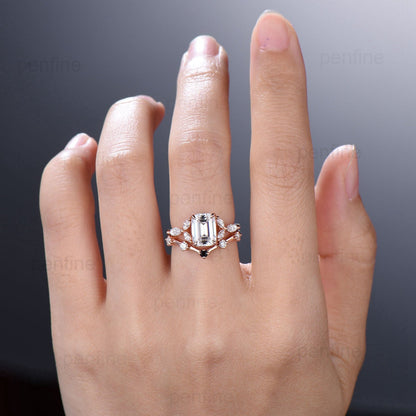 2 carat Emerald Cut Moissanite Engagement Ring Set Vintage 7 Stone Marquise Moissanite Wedding Ring Set Five Stone Cute Stacking Bridal Set - PENFINE