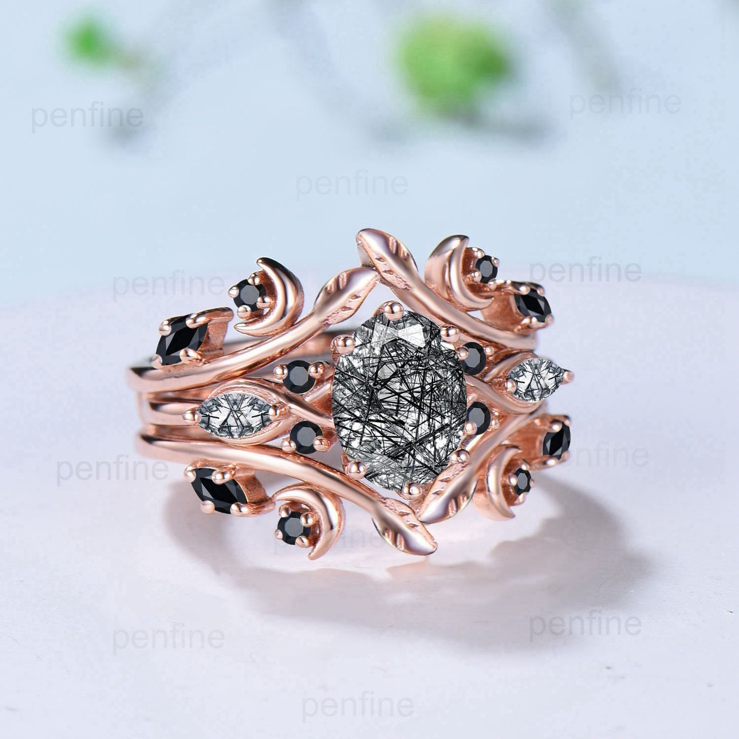 1.5CT Natural Oval Black Rutilated Quartz Engagement Ring Set Black Spinel Moon Wedding Ring Nature Inspired Double Leaf Stacking Bridal Set - PENFINE