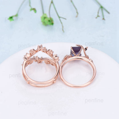 Art Deco emerald cut alexandrite engagement ring set nature inspired moonstone wedding set double leaf vine moon June birthstone bridal set - PENFINE