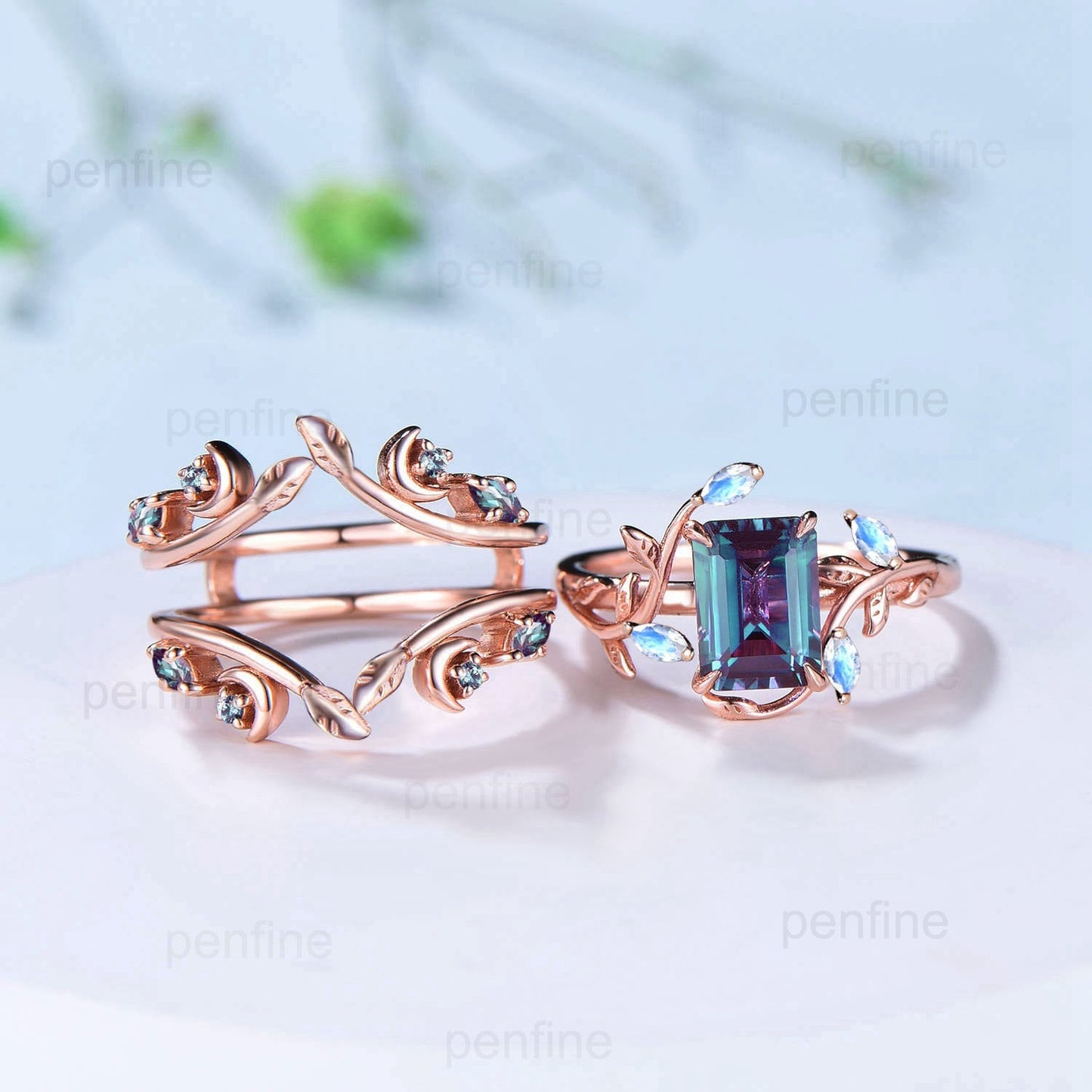 Art Deco emerald cut alexandrite engagement ring set nature inspired moonstone wedding set double leaf vine moon June birthstone bridal set - PENFINE