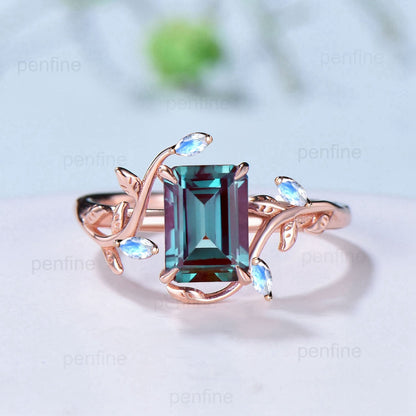 Art Deco emerald cut alexandrite engagement ring set nature inspired moonstone wedding set double leaf vine moon June birthstone bridal set - PENFINE