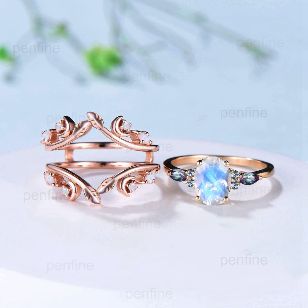 Vintage Oval Moonstone Engagement Ring Set Leaf Bine Alexandrite Wedding Set June Birthstone Double Curved Moo Opal Stacking Twig Bridal Set - PENFINE