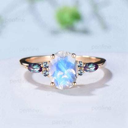 Vintage Oval Moonstone Engagement Ring Set Leaf Bine Alexandrite Wedding Set June Birthstone Double Curved Moo Opal Stacking Twig Bridal Set - PENFINE