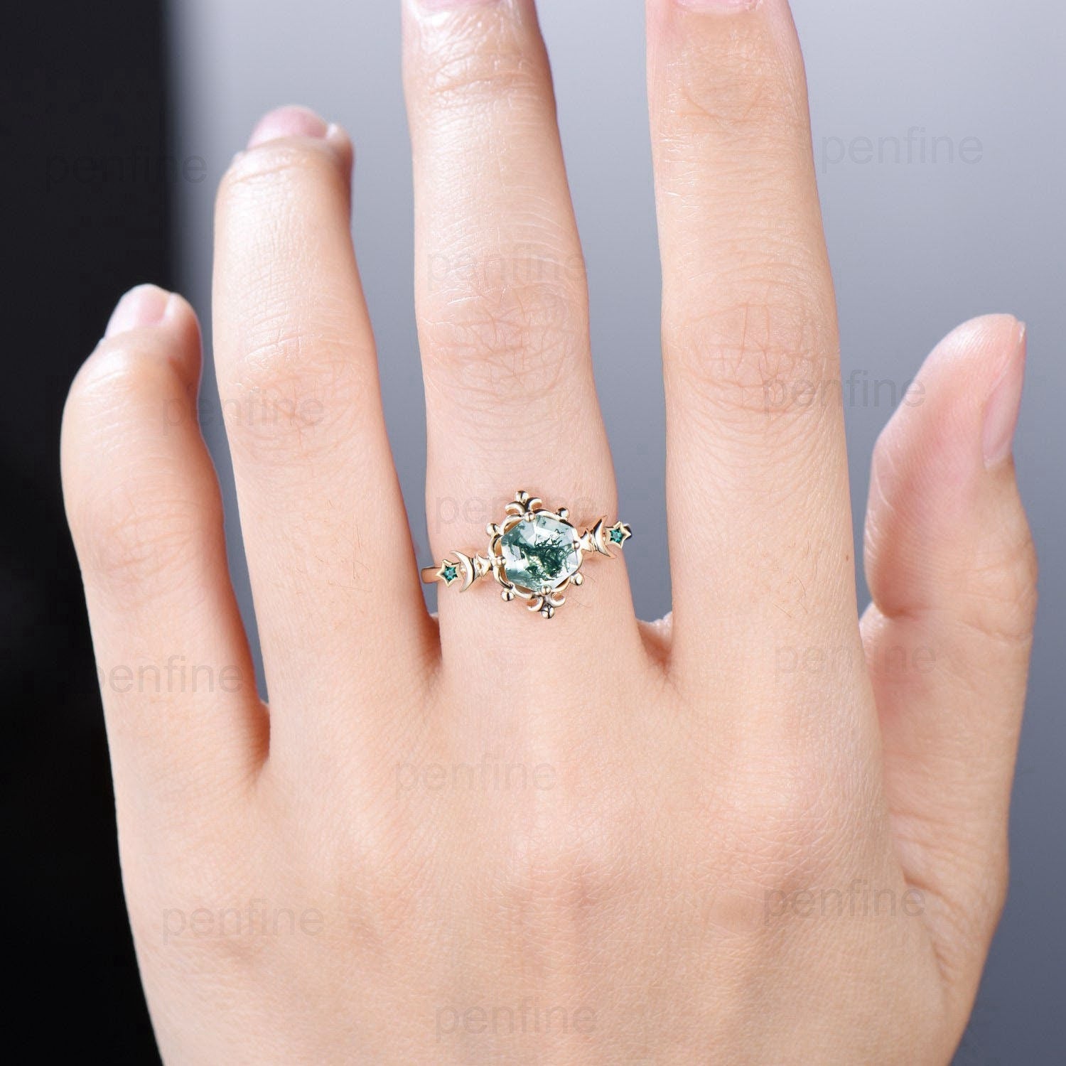 Unique Crescent Moon Moss Agate Engagement Ring Nature Inspired Floral Green Agate Moon Star Emerald Wedding Ring Retro Anniversary gift - PENFINE