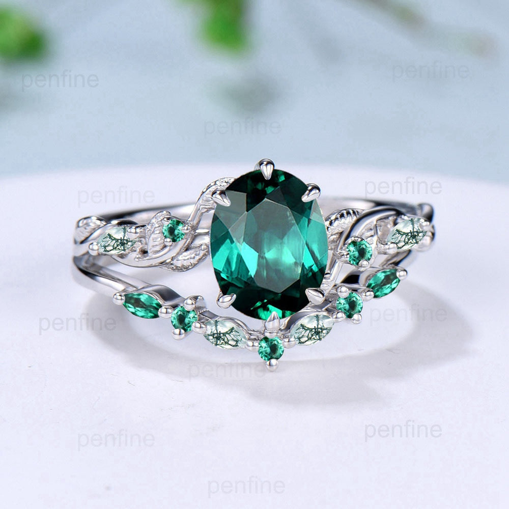 Retro 2Ct 7x9mm Oval emerald engagement ring set nature inspired Leaf Vine wedding marquise moss agate ring set Handmade Proposal Gifts - PENFINE